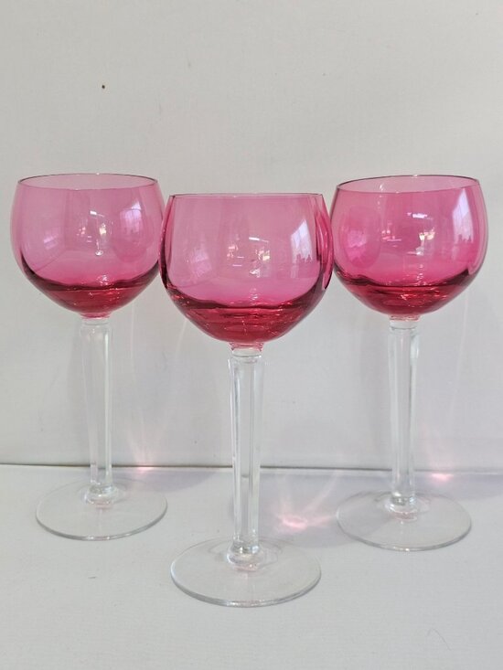 None Other - Cranberry Pink Wine Glasses Set/3 Mid Century Modern Vintage Cocktail Goblets Fa